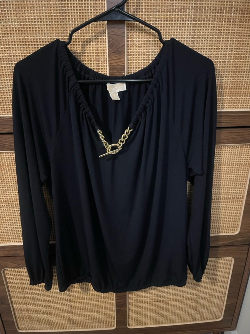 Navy Michael Kors Long-Sleeve Top with Gold Chain Detail - Women